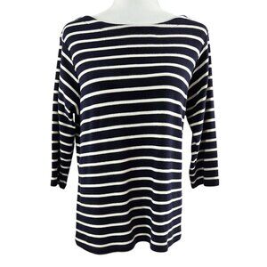 L.L. Bean 100% Cotton Navy Blue Cream Stripe Bateau Neck Top 254980